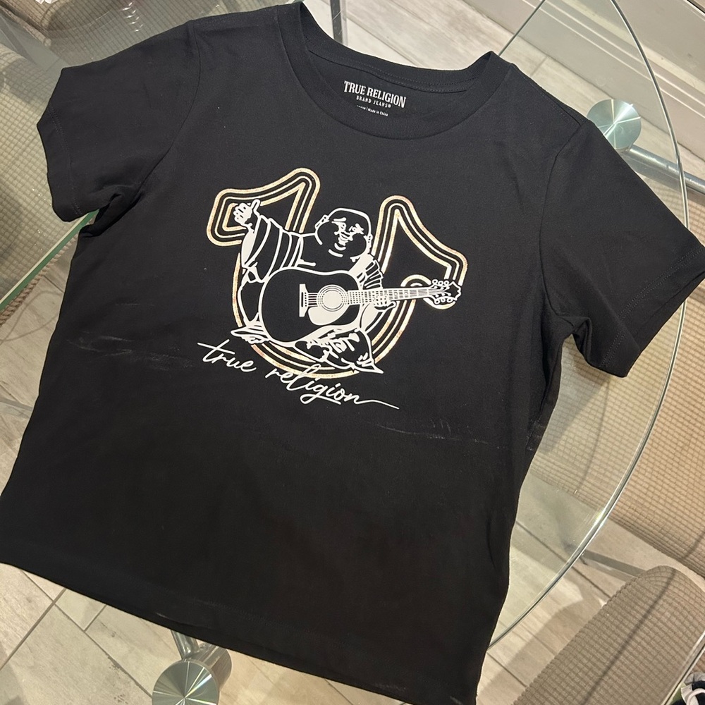 True Religion Black Tee with Guitar Graphic